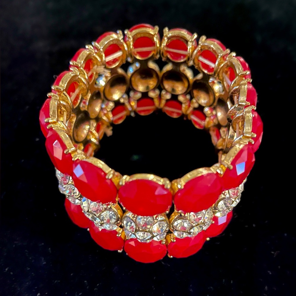 Big and Bold Blinged Up Stretch Bracelet in Gold Red and Sparkle